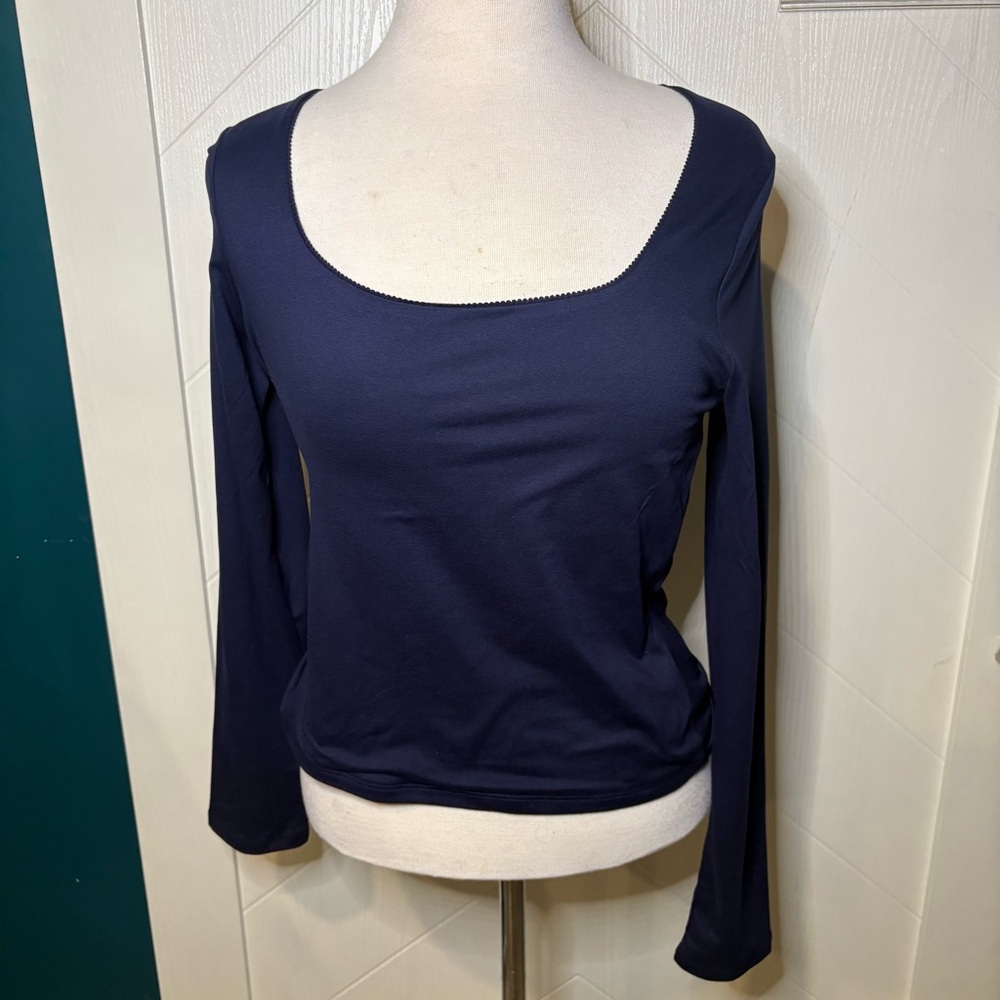 Love & Liberty Navy Blue‎ Square Neck Long Sleeve Top Minimalist Basic XL
